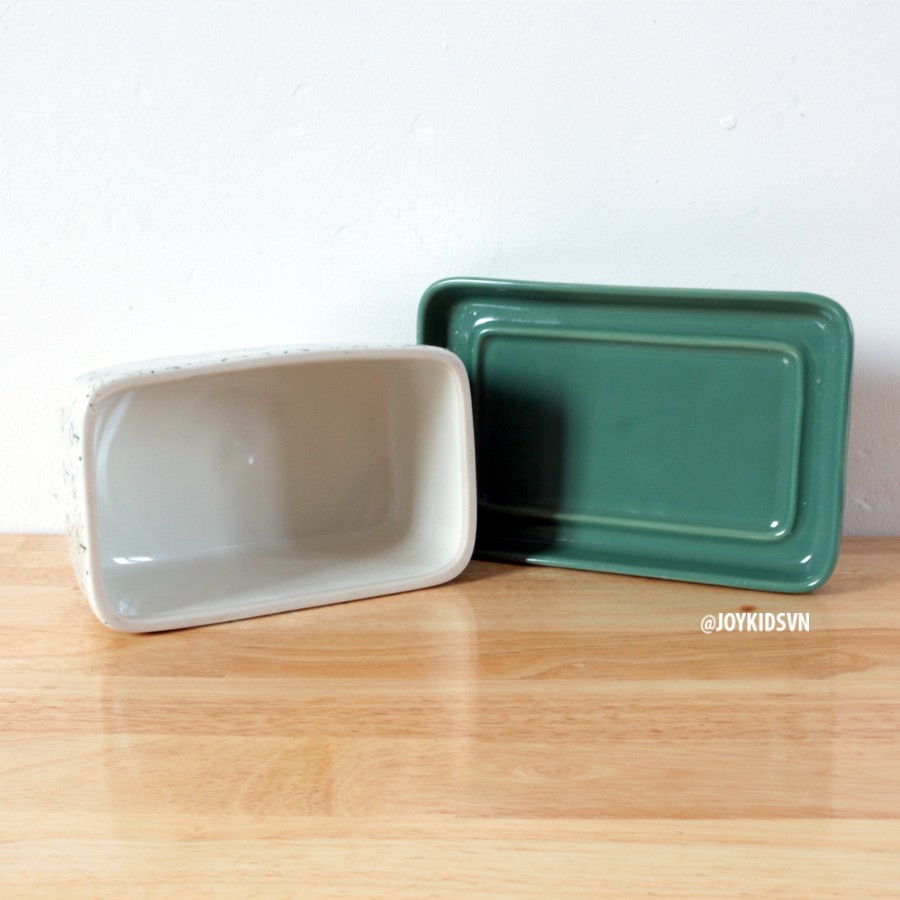 Đĩa Bơ Gốm IKEA In Hoa Xanh - IKEA Green Floral Ceramic Butter Dish