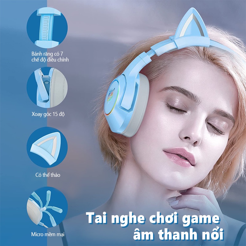 ONIKUMA K9 Tai nghe chơi game chụp tai có mic với tai mèo có thể tháo rời cho điện thoại máy tính xách tay PC/PS4