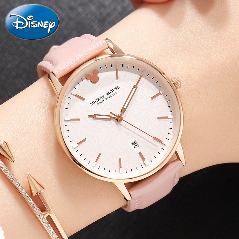 Đồng Hồ Đeo Tay Dạ Quang Dây Da In Hình Chuột mickey disney Đơn Giản Thời Trang Cho Nữ