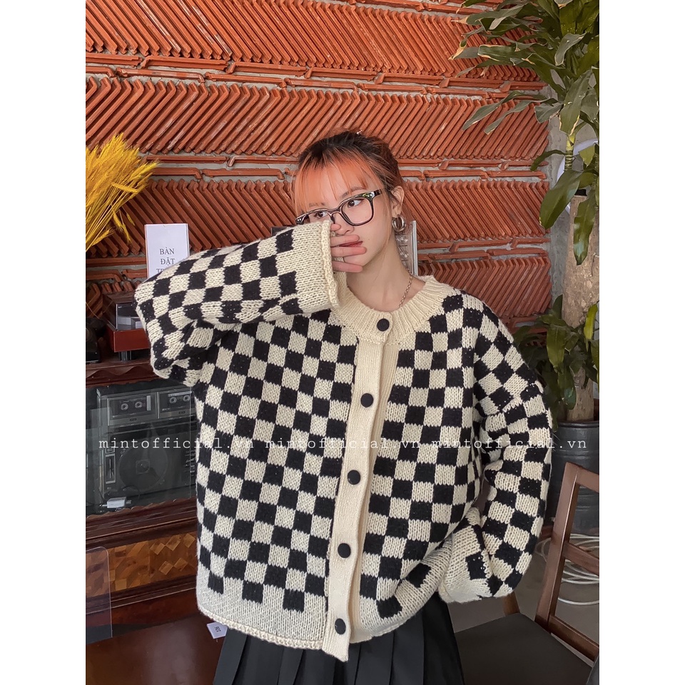 Áo cardigan caro đen trắng chất len siêu dày