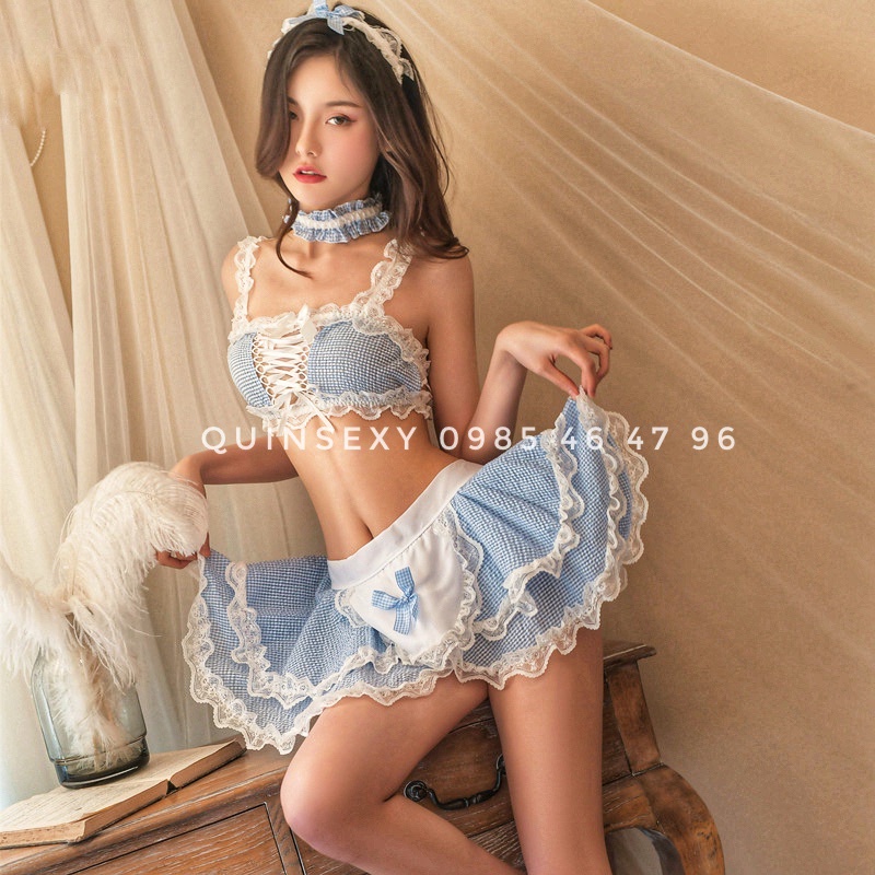 Cosplay sexy hầu gái - Bộ đồ lót nữ sexy gợi cảm - Set đồ cô hầu gái trễ vai kẻ caro xanh CL066