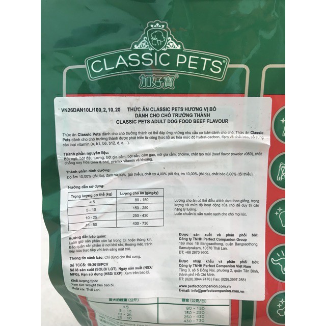 THỨC ĂN HẠT CHO CHÓ TRƯỞNG THÀNH Classic Pets Adult Dog Hương vị Bò Túi 2kg Xuất xứ Thái Lan