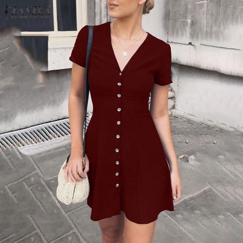 Đầm mini Zanzea ngắn tay cổ chữ v cài nút trước thời trang cho nữ