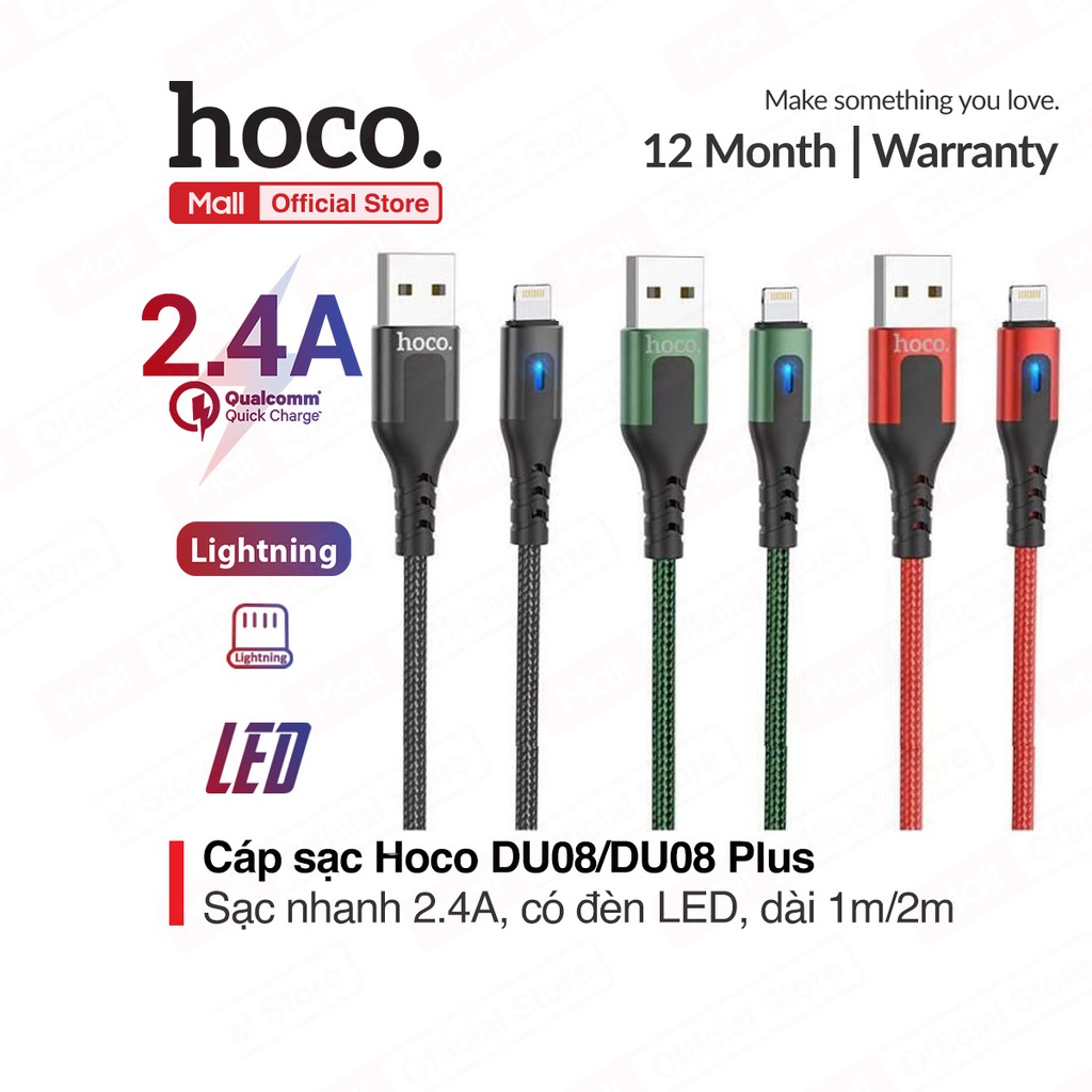 Cáp Hoco DU08/DU08 Plus Lightning USB dành cho iPhone/iPad, sạc nhanh 2.4A, dây bọc dù chống đứt ,có đèn LED, dài 1m/2m