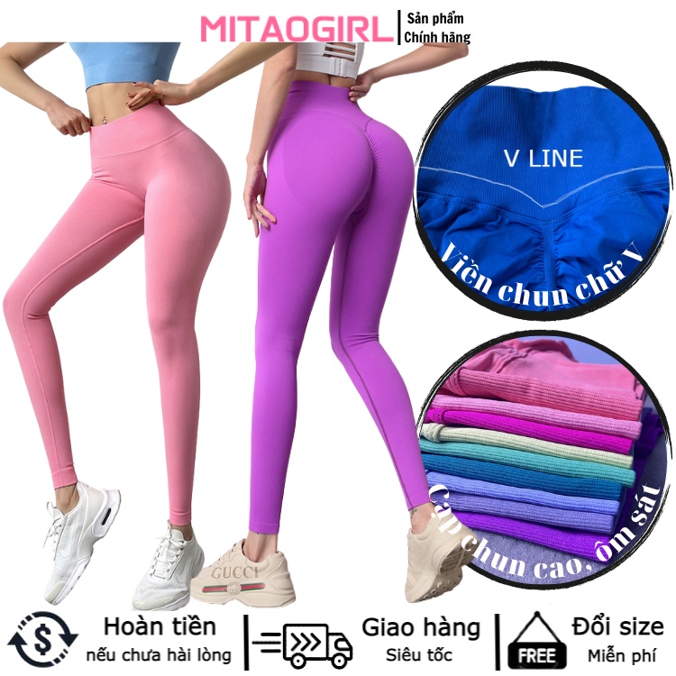 Quần tập gym nữ Mitaogirl, cạp cao 10cm, viền chun V line, ôm sát, siêu co giãn, tôn dáng, vải dệt kim thoáng mát.