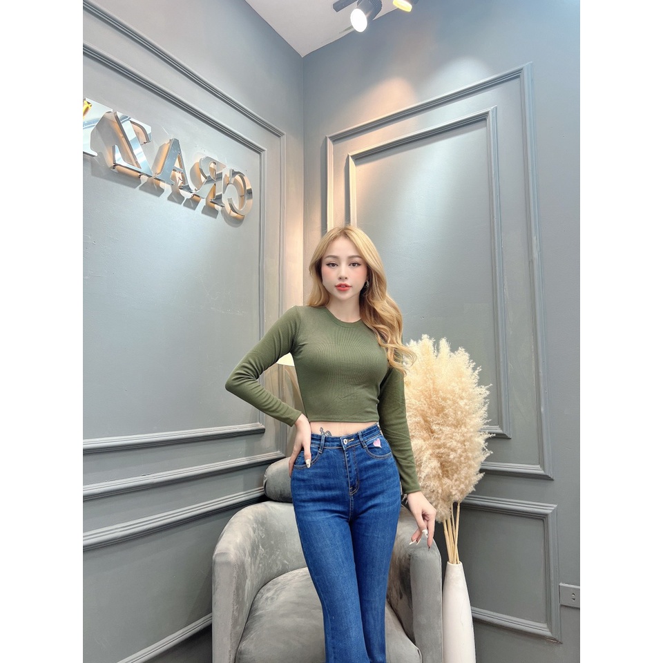 Áo thun croptop tay dài nữ CRAZYTEEN cổ tròn năng động AT0315