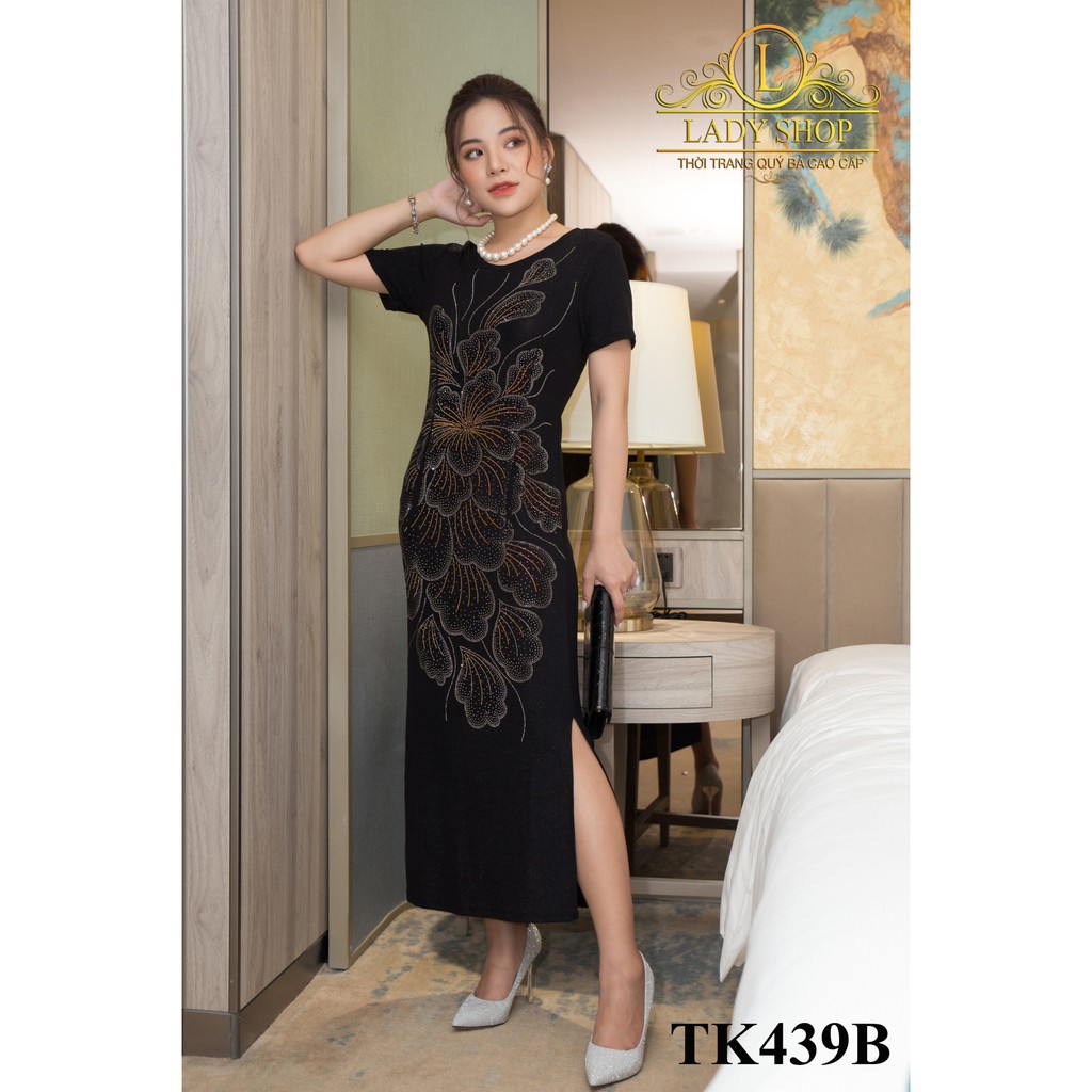 Thời trang trung niên -  Đầm quý bà cao cấp - Ladyshop - Sườn xám nhũ đen bông hoa đá to TK439