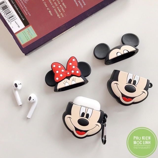 Vỏ bọc silicon hình Mickey Minnie cho hộp sạc tai nghe AirPods 2  Case AirPod i11 i12 i18 ... tặng kèm móc đeo