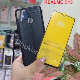 [ REALME C15] Combo kính cường lực full màn hình + ốp dẻo giả da autofocus Realme C15