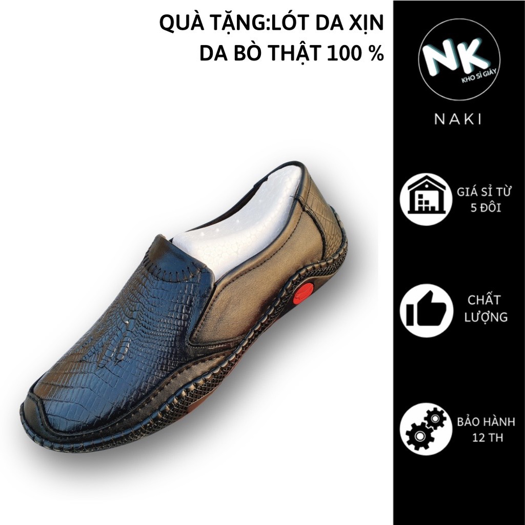 Giày lười da bò NAKI GBKCS-03 giày da bò in vân cá sấu đã khâu đế