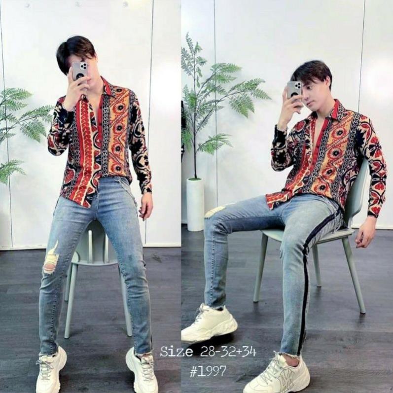 🔥HÀNG SIÊU CẤP🔥 Quần jean, quần bò nam đen sọc trắng rách gối thời trang Hàn Quốc chất jean cao cấp không bai màu  ཾ