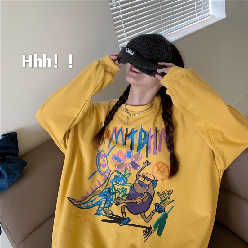 Áo sweater nữ dài tay in họa tiết DHM phom rộng unisex/ Áo nỉ cổ tròn tay bồng dáng thụng ulzzang | BigBuy360 - bigbuy360.vn