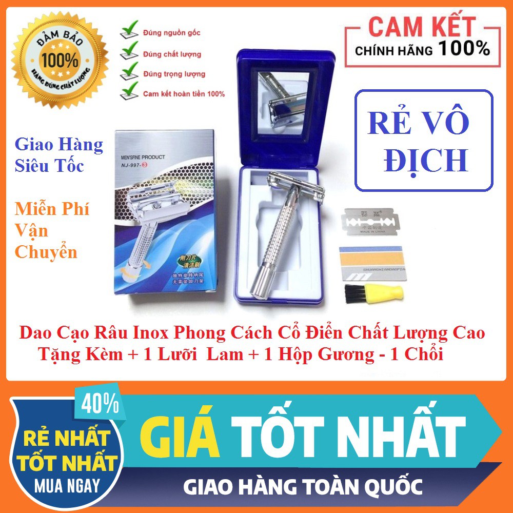 Dao Cạo Râu INOX Shaver 997 Phong Cách Cổ Điển Chất Lượng Cao Tặng Kèm + 1 Lưỡi  Lam Hộp Gương Chuổi - FULLBOX