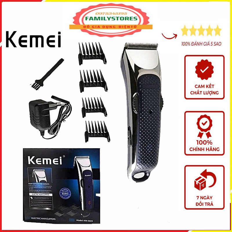 Tông đơ cắt tóc dành cho gia đình và salon kemei KM - 5020 màu xanh phối bạc có thể điều chỉnh lưỡi