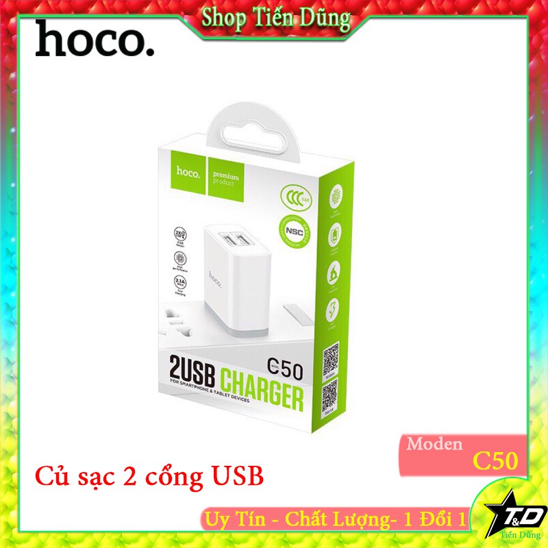 Củ sạc hoco c50 có 2 cổng USB đầu ra 2.1A hỗ trợ sạc nhanh
