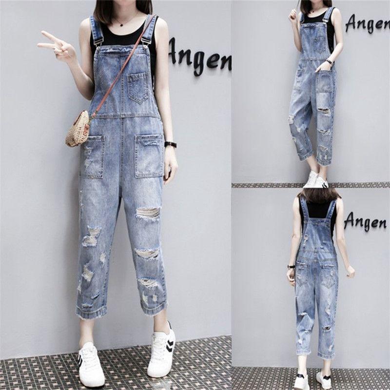 Quần jean yếm thời trang mài rách trẻ trung cá tính cho nữ