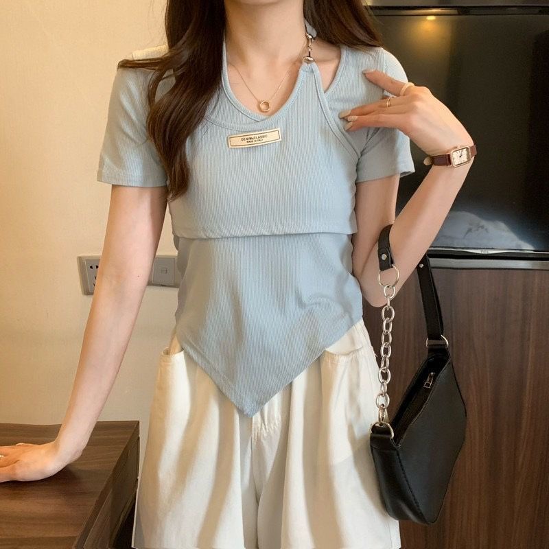 Áo Thun Tay Ngắn Giả Hai Lớp Dáng Ôm Màu Trơn Thời Trang