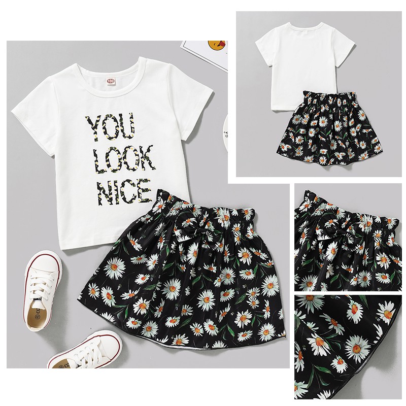 mikrdoo Kid Toddler Baby Girl Clothes Set Letters Print Short Sleeve T-shirt Top + Floral Print Skirt 2PCS Fashion Suit