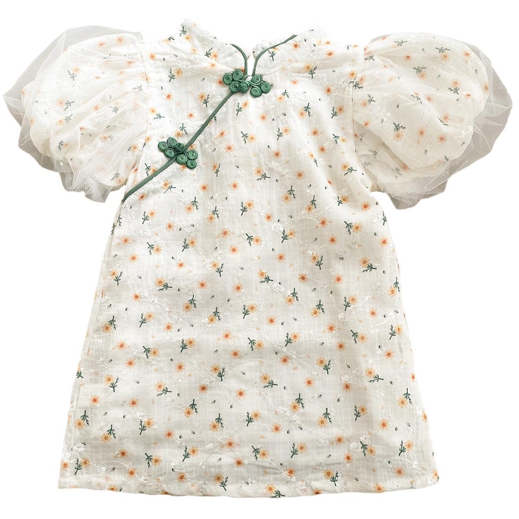 Sườn Xám Ngắn Tay In Hoa Thời Trang Mùa Hè Mới Dành Cho Bé Gái