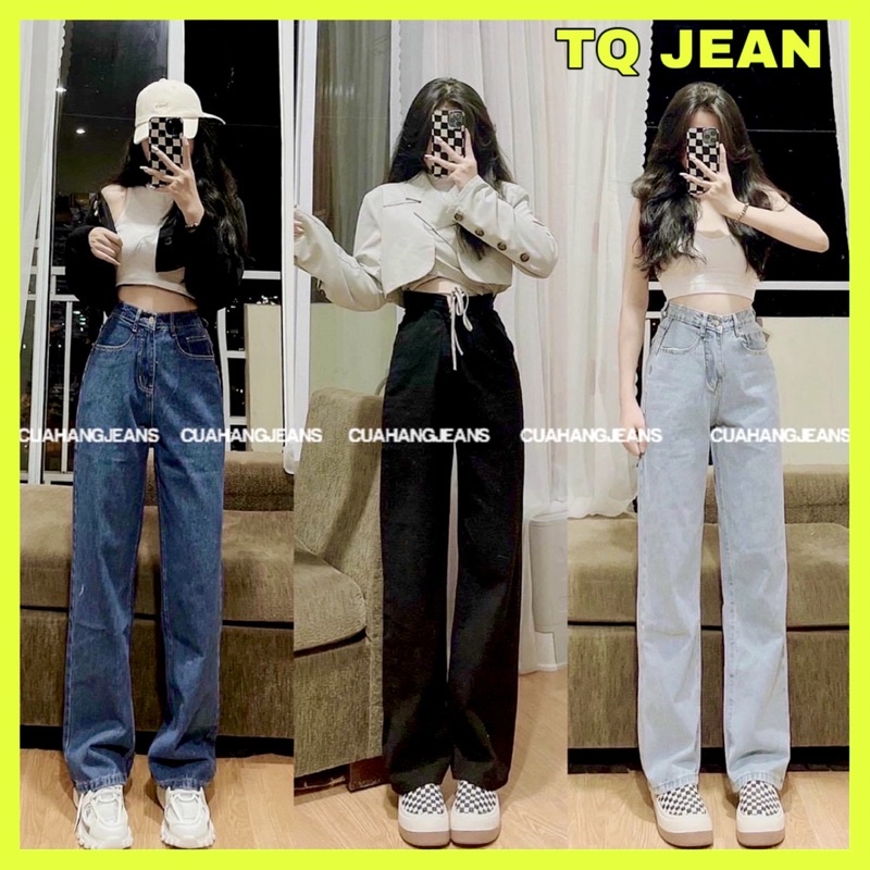 (Giảm ngay 10%) Quần jean nữ lưng cao ống rộng 3 màu xanh đen thời trang