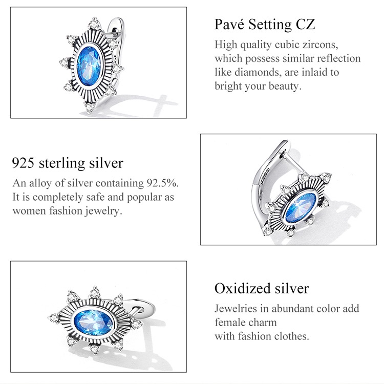 Cặp bông tai BAMOER bằng bạc 925 đính đá màu xanh dương thời trang