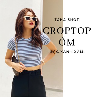 Áo croptop ôm thun gân thoáng mát sọc ngang xanh xám