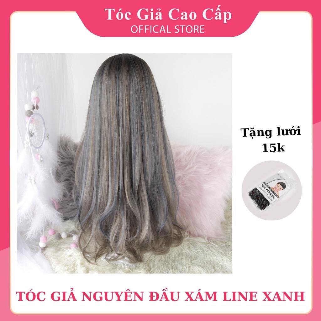 Tóc giả nữ nguyên đầu màu đẹp, xám phối line xanh, tặng kèm lưới trùm tóc wig