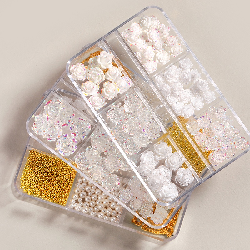 Hộp phụ kiện BORN PRETTY trang trí móng tay hình hoa trà 3d màu trắng bằng nhựa acrylic