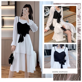 V014 Váy trắng yếm đen nơ ngực vintage công chúa, đầm xòe cổ vuông 2 tầng xẻ chân tay bồng dáng dài retro tiểu thư xinh