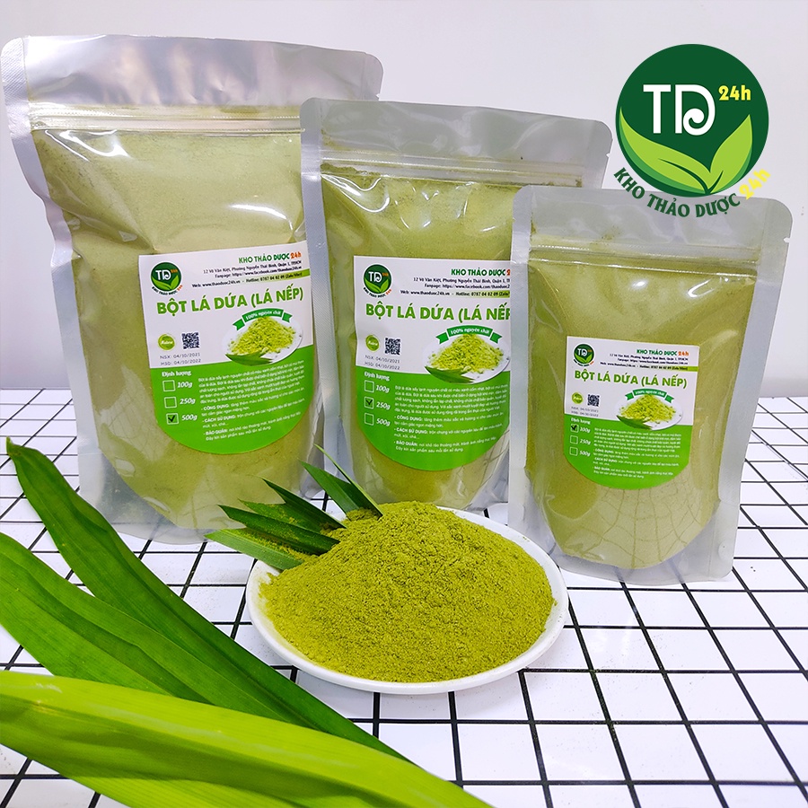 Bột lá dứa (lá nếp), tạo màu và mùi thơm tự nhiên cho xôi lá nếp, mứt dừa, thạch rau câu, các loại bánh, chè dưỡng nhan