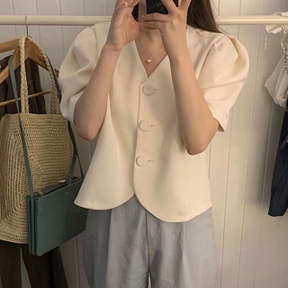 Kii Wii Mùa Hè Mới Kem Màu Bong Bóng Áo Sơ Mi Tay Ngắn Hàng Đầu Đơn Giản Nữ Áo Blazer Ngắn