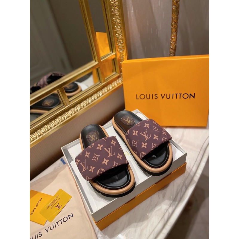 dép quai ngang nam nữ in hoạ tiết logo đế bệt lớp lót da cừu đế 4.5cm louis vuitton LV