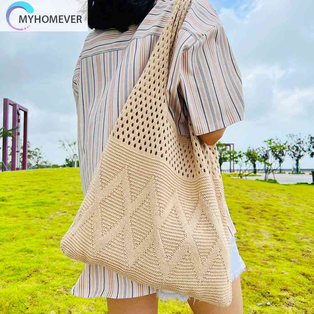Túi Xách Đan Len Sức Chứa Lớn Màu Trơn Phong Cách Boho Thời Trang Cho Nữ