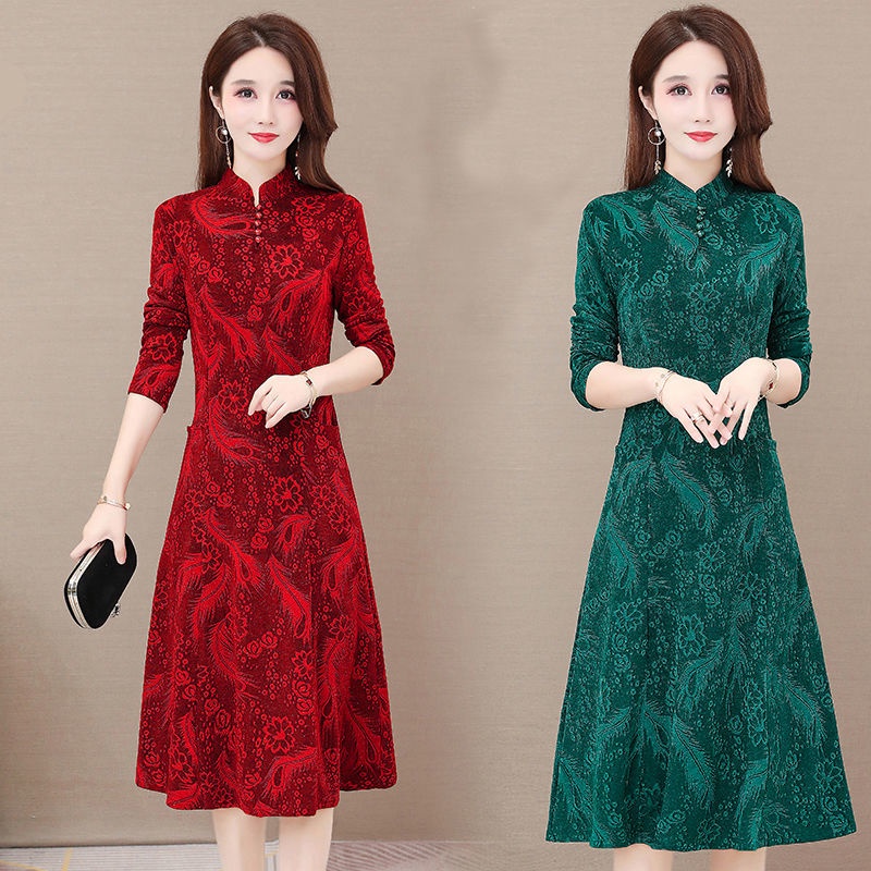 Mùa thu đông 2021 váy jacquard cỡ lớn mới mẹ trung niên tính khí che bụng, eo và mỏng