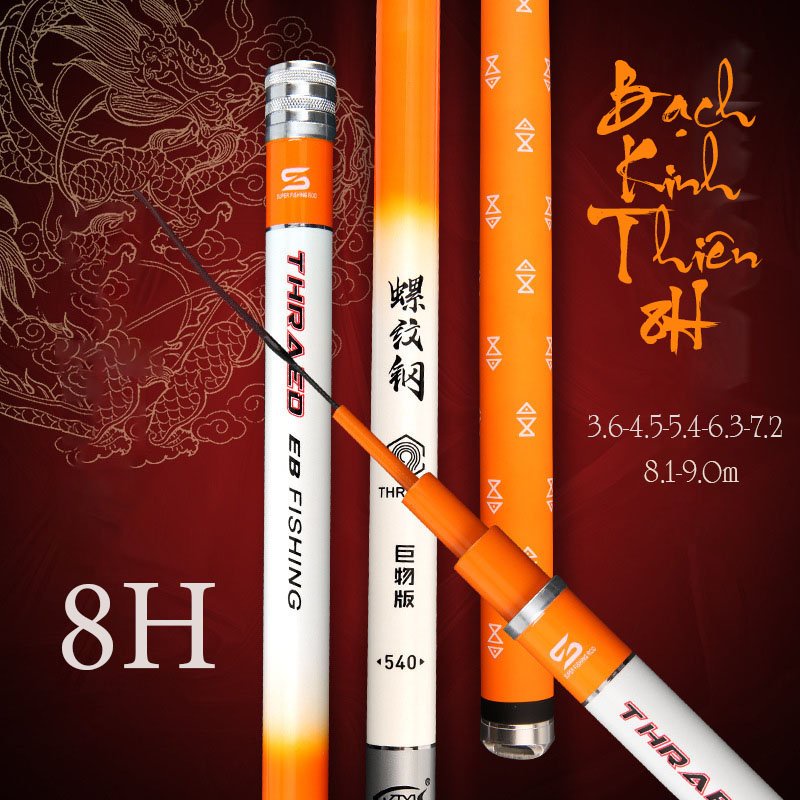Cần câu tay Bạch Thiên Kim 8H, Cần câu đơn câu đài, carbon, tặng kèm ngọn phụ, có lóng 1,2,3 thay thế
