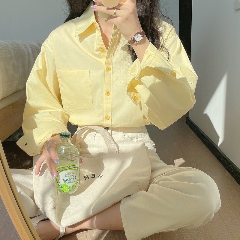 Áo Sơ Mi Nữ Tay Dài Màu Vàng Sữa Thời Trang Xuân Hè Hàng Mới Cao Cấp