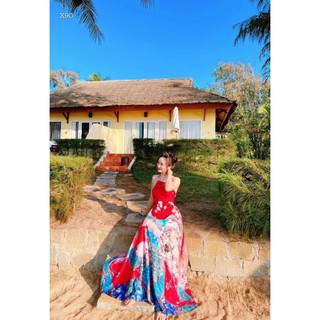 ĐẦM MAXI HOẠ TIẾT CỔ YẾM DÂY LƯNG