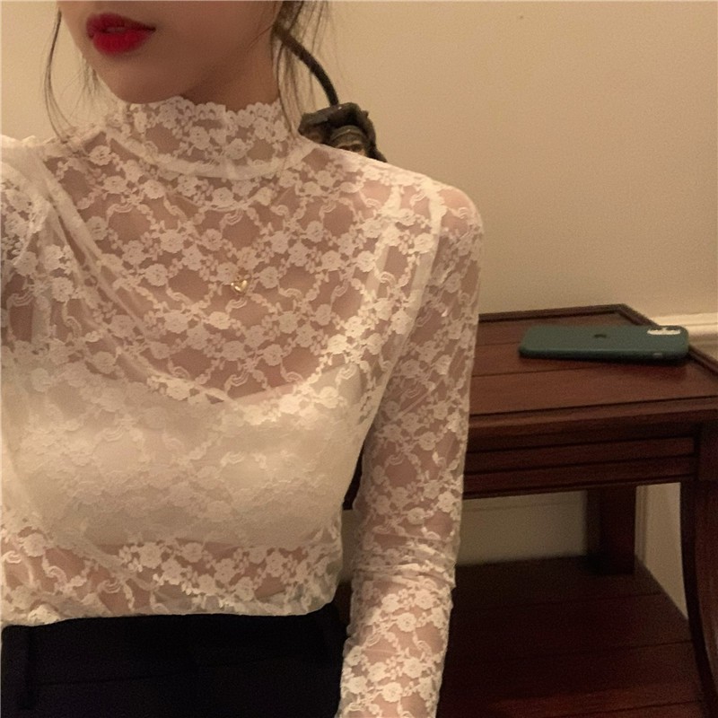 Áo sơ mi ren lưới họa tiết hoa vintage co giãn ôm body xuyên thấu gợi cảm mặc cùng áo len nỉ