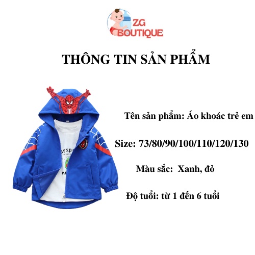 Áo khoác gió cho bé, áo khoác người nhện cho bé trai giữ ấm chống gió mùa đông ZG Boutique size từ 7 đến 20kg