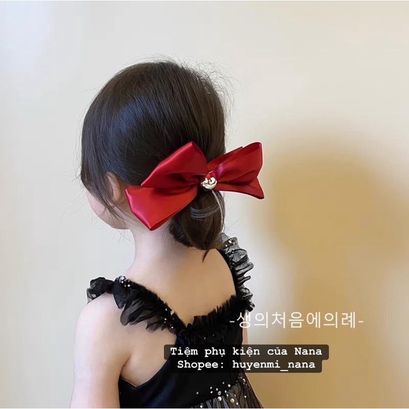 Kẹp nơ đỉnh đầu 15cm đính hình trái tim bạc tiểu thư cho bé và người lớn