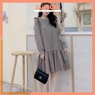 Váy bầu thu đông - đầm bầu thời trang kẻ dài tay bèo vai đuôi cá BN61 - Xiimom