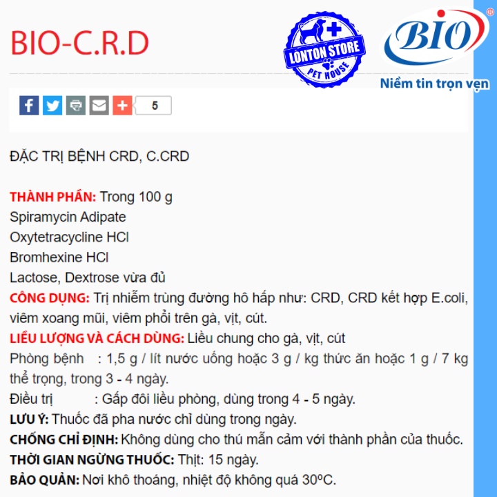 BIO CRD, sản phẩm hổ trợ sức khỏe xử lý CRD, C.CRD cho gia súc gia cầm, GÓI 100GR