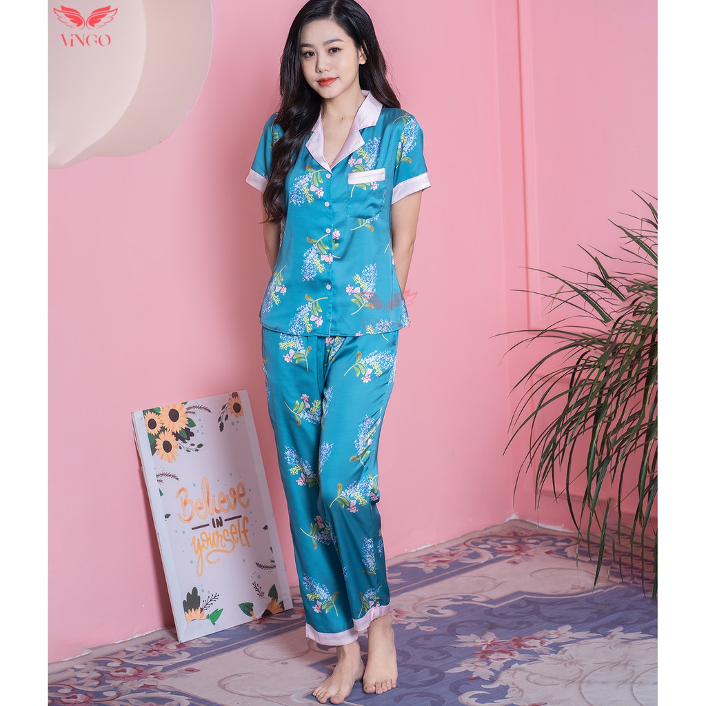 Đồ Bộ Ngủ Nữ Pijama Mặc Nhà VINGO Lụa Pháp Tay Ngắn Quần Dài Họa Tiết Hoa Lavender Trang Nhã Sang Trọng H142 VNGO