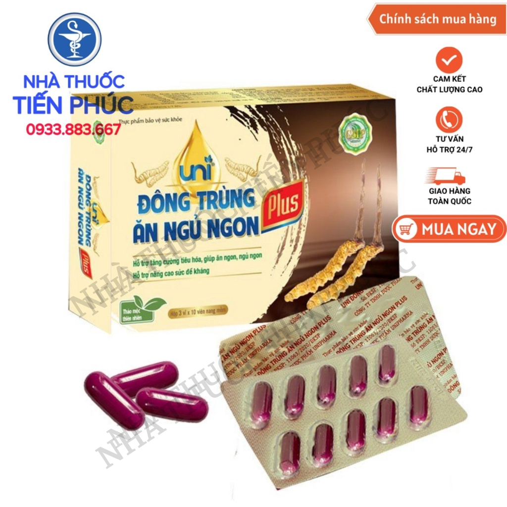 Uni đông trùng ăn ngủ ngon plus - Giúp, ăn ngon, ngủ ngon, tăng đề kháng, giảm tình trạng mất ngủ Hộp 30 viên