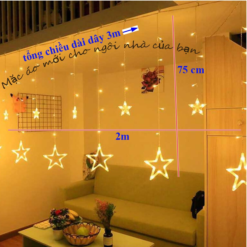 Dây đèn Led thả Màn thả mành 10 / 12 Ngôi Sao nhấp nháy trang trí Gia Đình, Quán, Noel, ... Chúc Mừng Năm Mới tết 2023