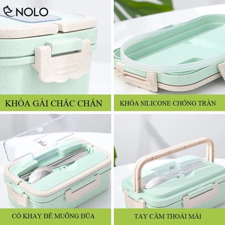 Hộp Giữ Nhiệt Bento Dung Tích 1000ml 3 Ngăn Kèm Đũa Muỗng Chất Liệu Nhựa PP Lúa Mạch Có Thể Cho Dùng Lò Sóng