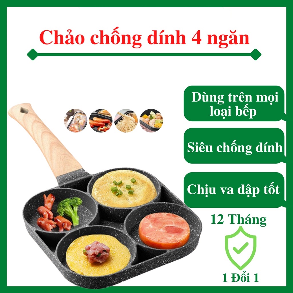 [LOẠI 1] Khuôn Chảo Chiên Rán Trứng Làm Bánh 4 Ngăn 4 Lỗ Chống Dính - Tay Cầm Gỗ 4 ngăn-DATHANG1688