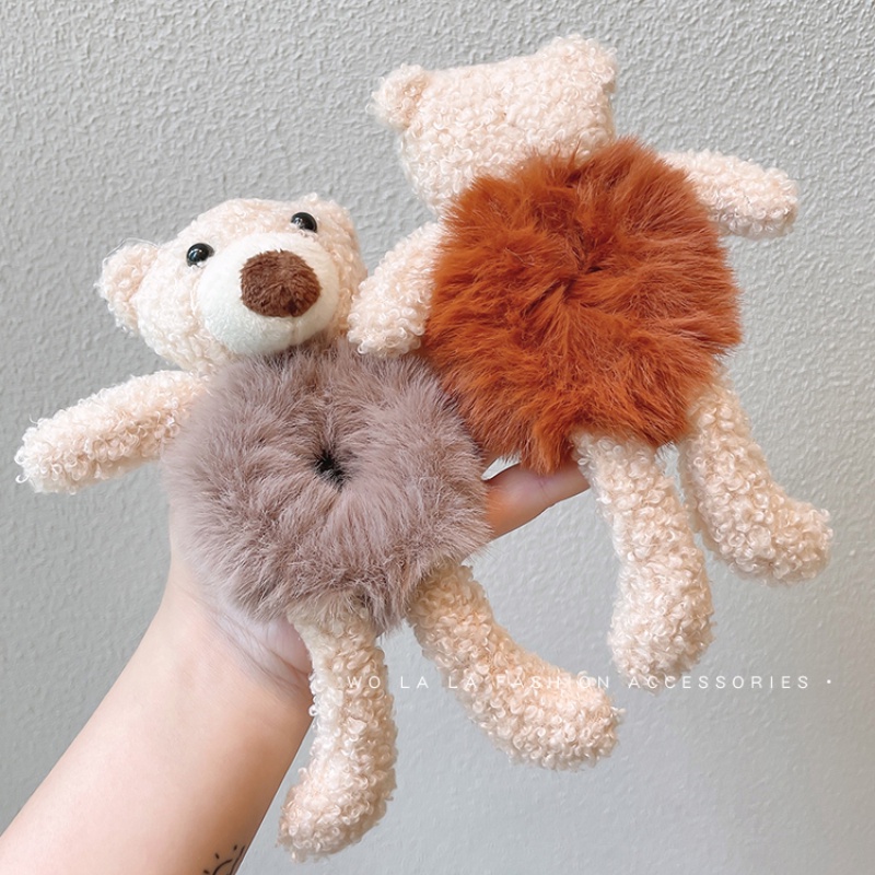 Dây Cột Tóc Bằng Vải Lông Phối Da Hình Gấu Đáng Yêu Độc Đáo Cho Bé Gái