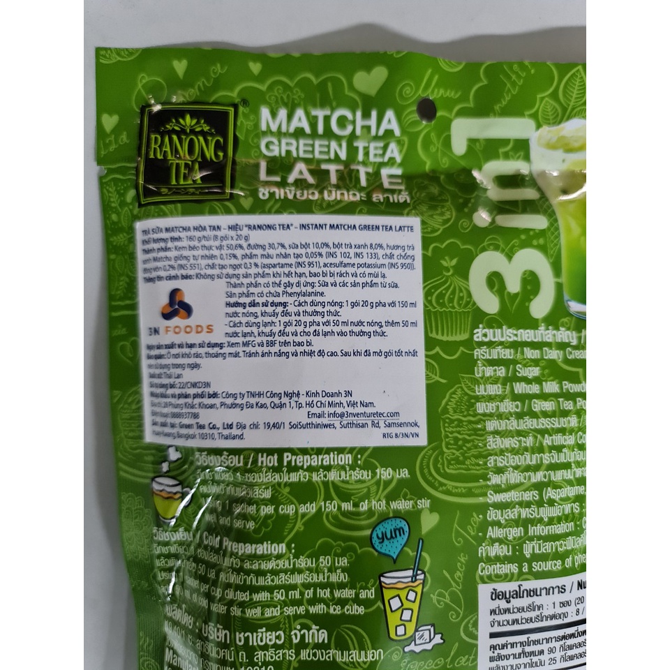 RANONG TEA [Túi XANH LÁ 160g] TRÀ SỮA XANH MATCHA HÒA TAN [Thailand] 3 in 1 Instant Matcha Green Tea Latte (halal)