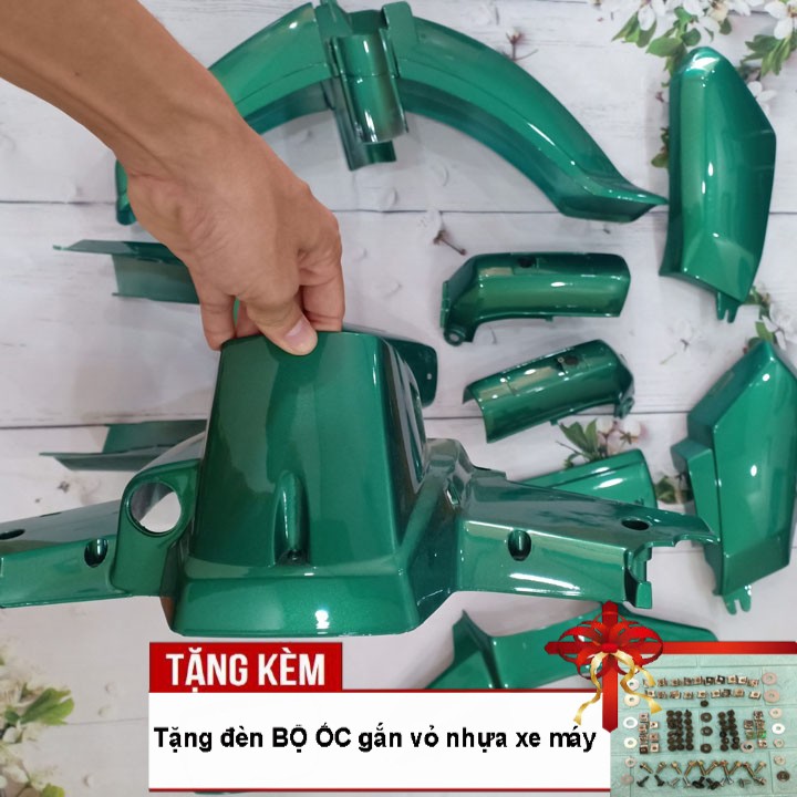 Dàn áo xe Honda-Dream II nhựa ABS nguyên sinh cao cấp màu Xanh Heineken, tặng kèm bộ tem và bộ ốc theo xe